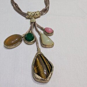 Necklace, beautiful gems on a quadruple cord, tiger eye, moonstone and more.